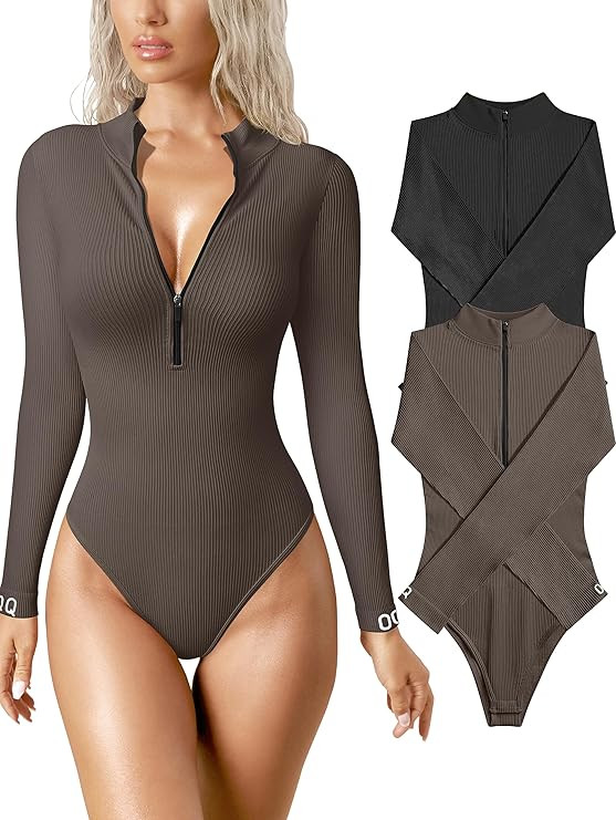OQQ Women's 2 Piece Bodysuits Sexy Ribbed One Piece Zip Front Long Sleeve Tops Bodysuits | Amazon (US)