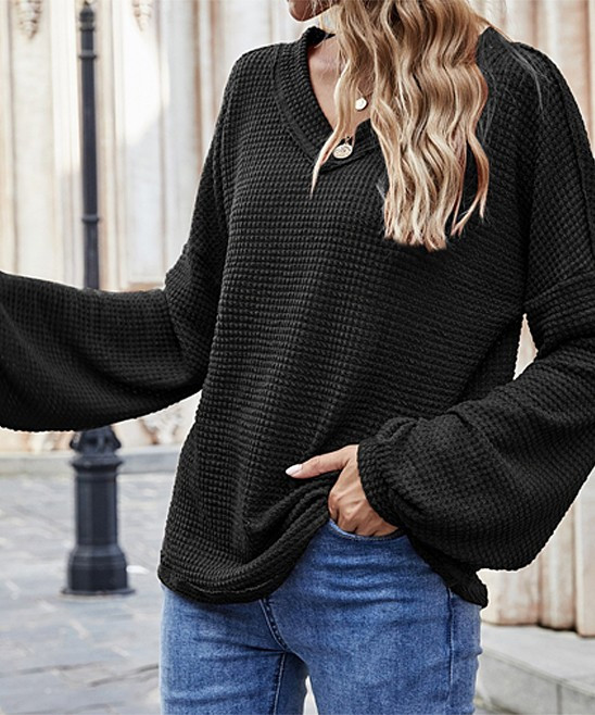 Vrkufie Women's Pullover Sweaters Black - Black Waffle-Knit Button Bishop-Sleeve Sweater | Zulily