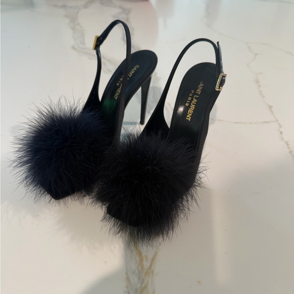 Saint Laurent Black Slingback Heels with Fur Pom-Pom | Poshmark