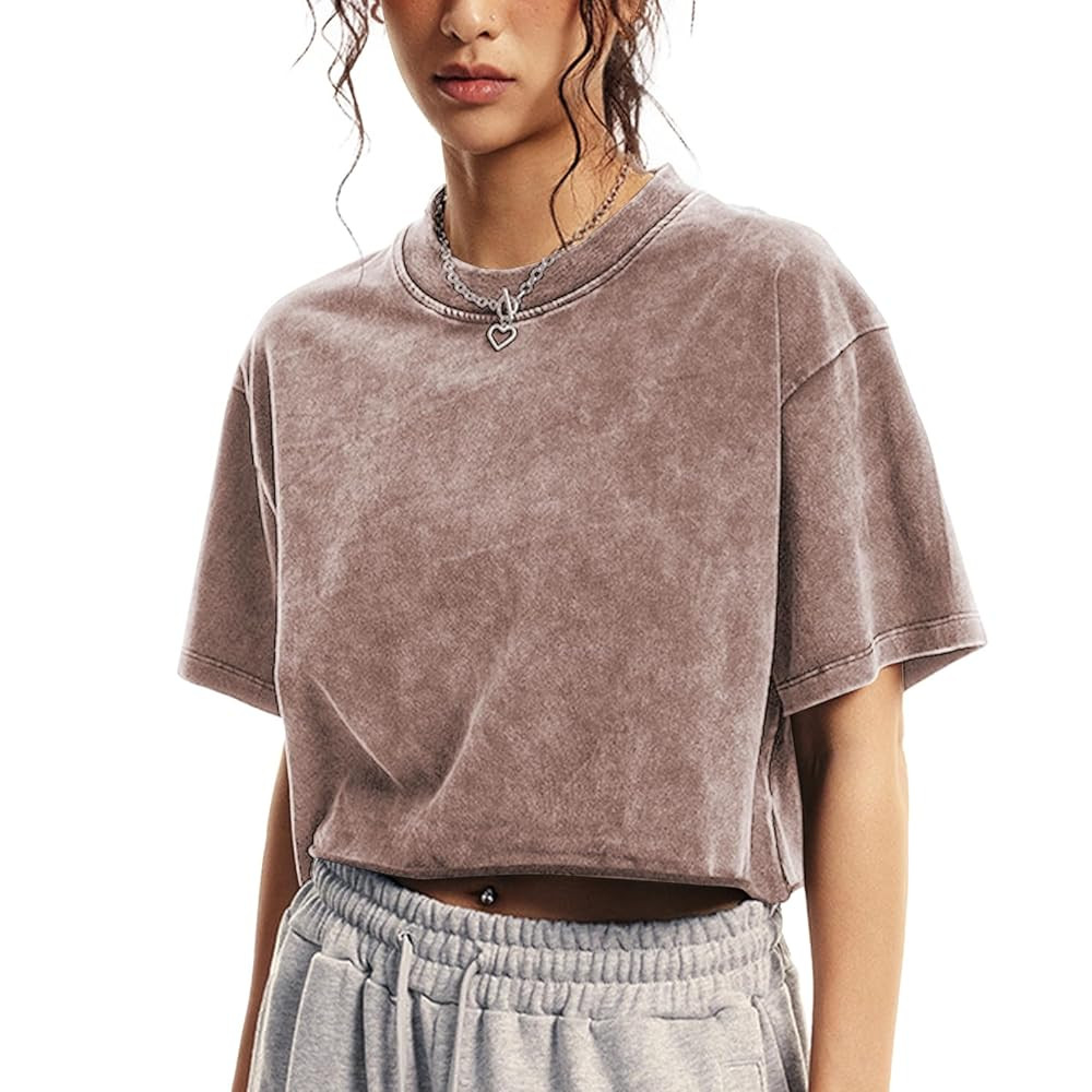 Womens Oversized Vintage T Shirts Casual Cropped Tees Short Sleeve Cotton Acid Wash Tops Summer G... | Amazon (US)