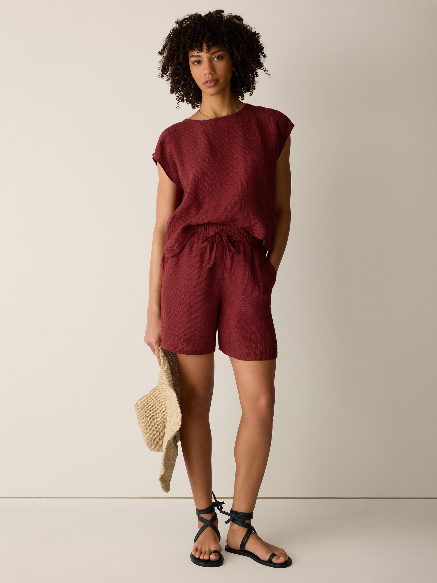Puckered Organic Linen Stripe Shorts | Eileen Fisher