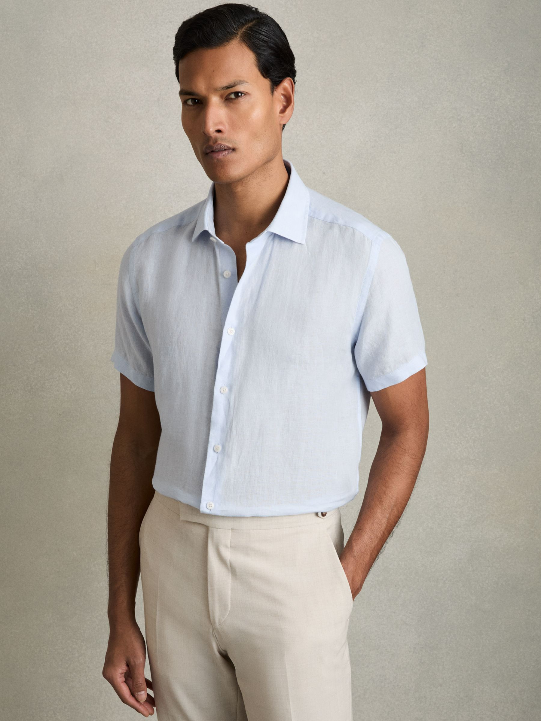 Reiss Slim Fit Linen Button-Through Shirt in Pale Blue | REISS | Reiss US