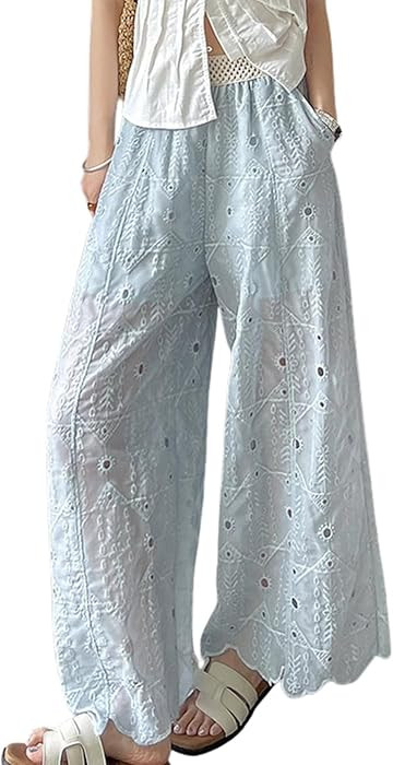 chouyatou Women Summer Floral Eyelet Lace Wide Leg Pants Boho Casual Cotton Palazzo Beach Pants T... | Amazon (US)
