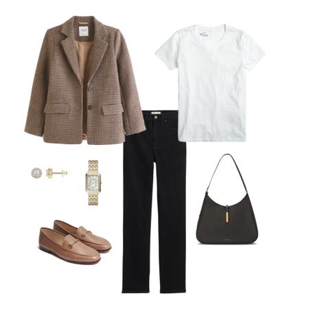 One base, 6 outfits 🍁 White tee and black jeans styled six ways with layers, shoes and accessories.  