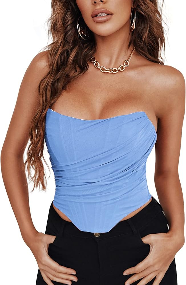 CORSKI Women Mesh Bustier Strapless Open Back Crop Top Zip Back Boned Overbust Corset Aesthetic B... | Amazon (US)