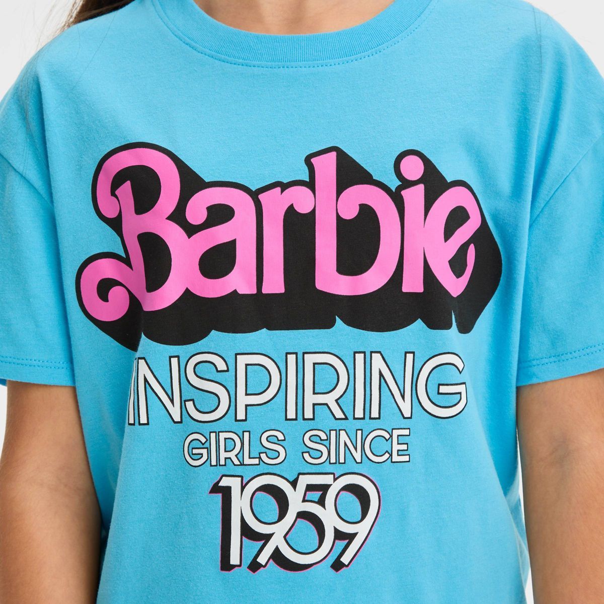 Girls' Barbie Short Sleeve Cropped Graphic T-Shirt - Blue | Target