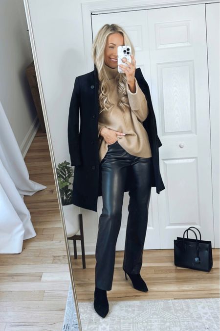 Faux leather pants outfit for work

Chic workwear, Reiss knit, Reiss coat, black wool coat 

#LTKworkwear