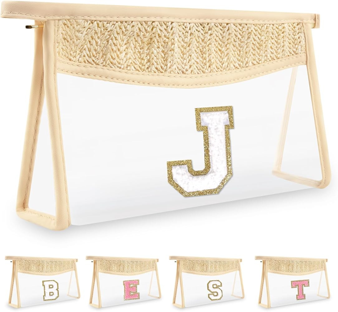 Small Boho Straw Clear Makeup Bag Personalized Initial Letter Pouch, Cute Preppy Chenille Varsity... | Amazon (US)