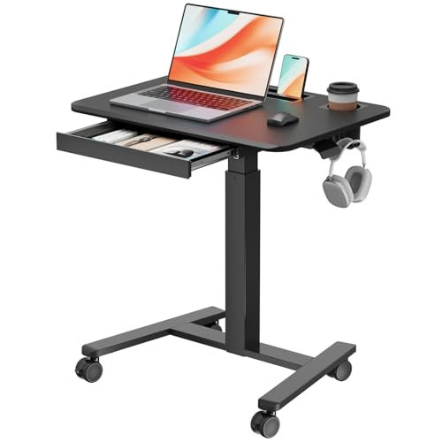 JYLH JOYSEEKER Mobile Standing Desk with Drawer, 28" Rolling Desk with Cup Holder and Hooks, Portable Laptop Workstation on Wheels, Height Adjustable Cart with Storage for Home Office, Black | Amazon (US)