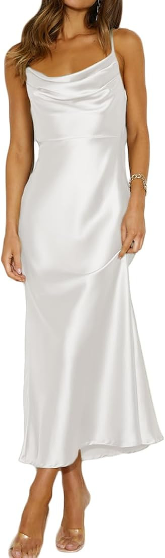 Summer Satin Spaghetti Strap Cowl Neck Backless Midi Dresses for Women Elegant Tie Low Back Ruche... | Amazon (US)