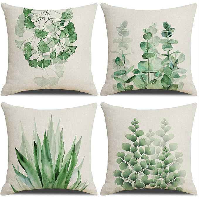 Eeatour Green Plant Linen Throw Pillow Covers Set of 4 Decorative Green Succulent Leaves Square P... | Amazon (US)
