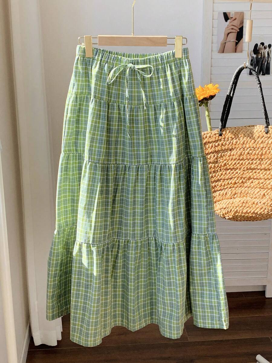 Comfortcana Women's Summer  Green Casual Plaid Midi Layered Skirt | SHEIN