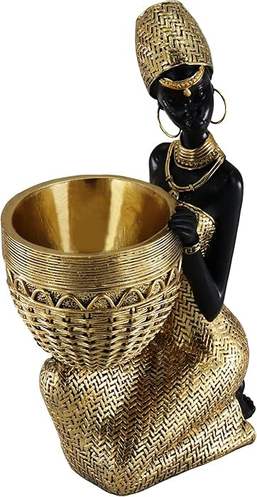 Handmade African Tribal Woman Sculpture - Gold Adorned Seated Figure with Basket, Vintage Resin S... | Amazon (US)