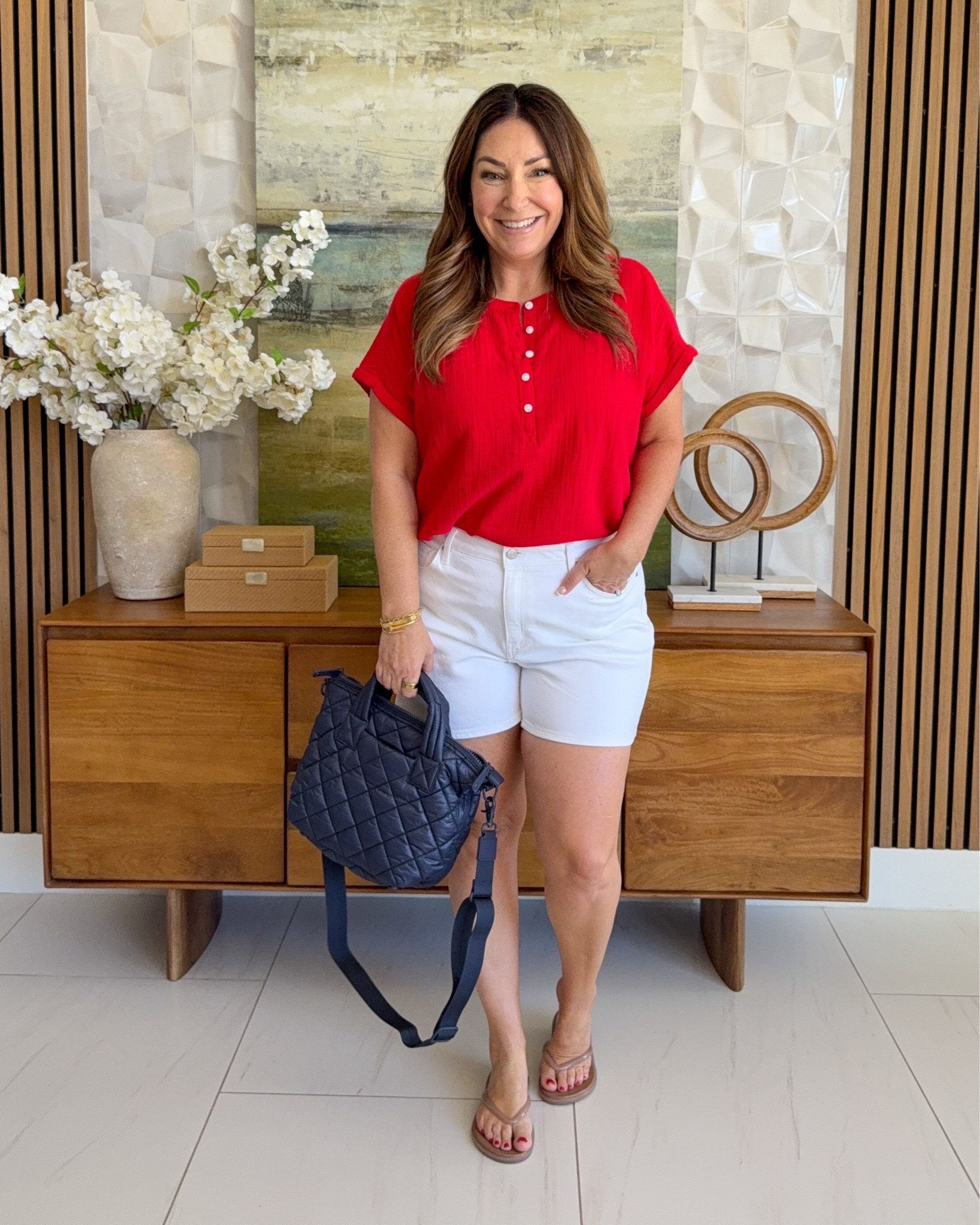 Red + white is such a classic summer combo and this textured henley top makes it feel fresh and fun. 🤍

Top: TTS, L // Shorts: size up if inbetween these run smaller wearing 32 

 #summerstyle #casualoutfit #midsizemom