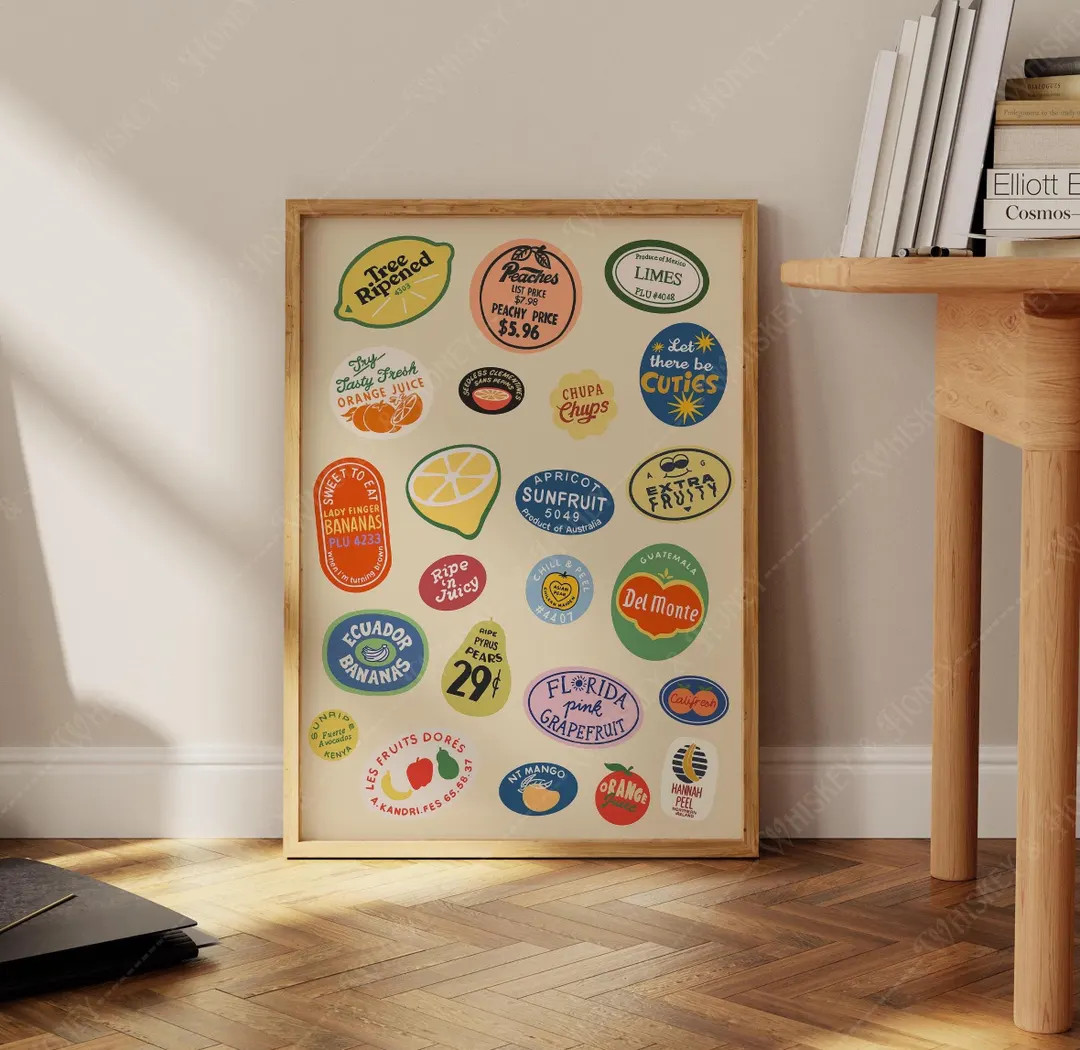 Vintage Fruit Stickers Art Print | Retro Kitchen Decor (Digital Download) | Etsy (US)
