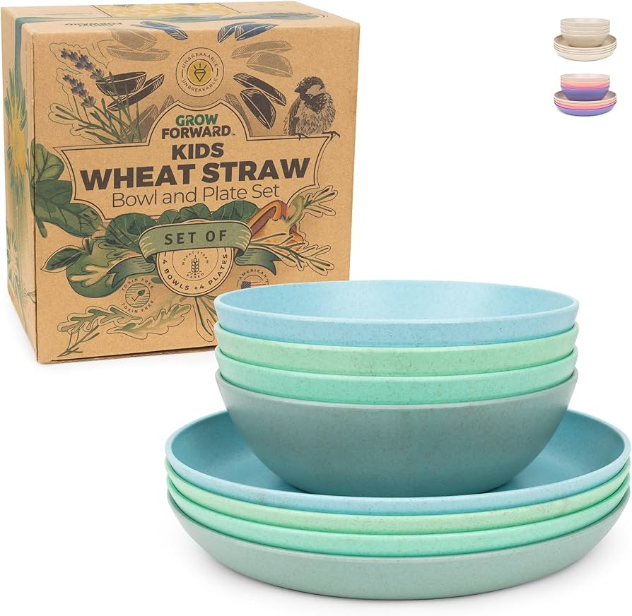 Grow Forward Wheat Straw Kids Plates and Bowls Sets - 8-Piece Unbreakable Dishwasher & Microwave ... | Amazon (US)