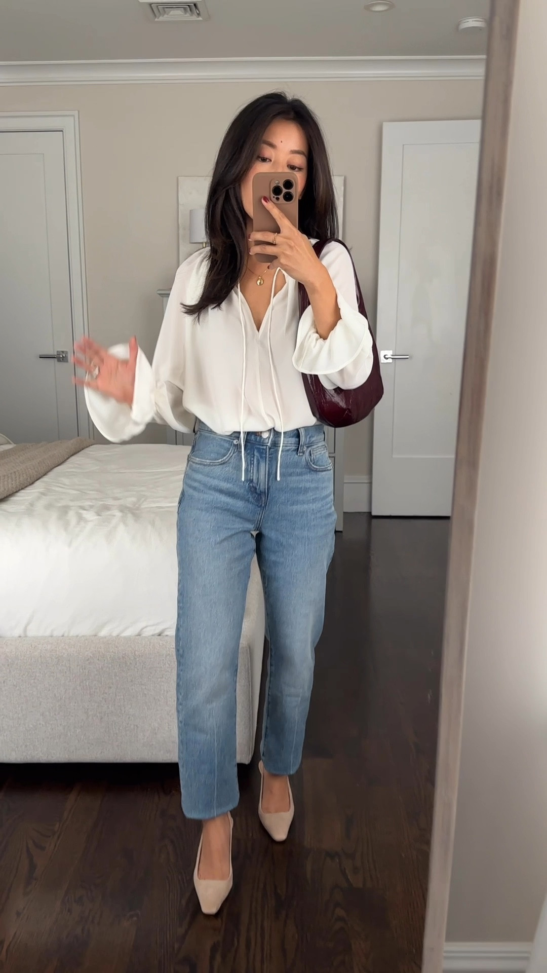 Madewell 40% off Black Friday sale try ons. Use Code MADEBETTER 

• 90’s straight jean in Rondell wash 24 petite. I love the 90s straight cut (same cut as the gray jeans from my capsule wardrobe) but I’d personally cut the hems shorter, like I did with the gray. 

This cut is full length but I feel it looks better for me as an ankle length jean. Showed in the video a comparison of full length vs cropped.

The cut is a tapered straight with just a little slouch room on me at the hips and thighs through the leg. More relaxed feel. This wash is a vintage style denim with less stretch.

• The medium bag in patent leather

• Long Sleeve tie neck top in winter white xxs, this one is semi sheer so def wear a skin toned bra. Blousy, lightweight, easy to tuck. 


#LTKCyberWeek #LTKSeasonal #LTKFindsUnder100