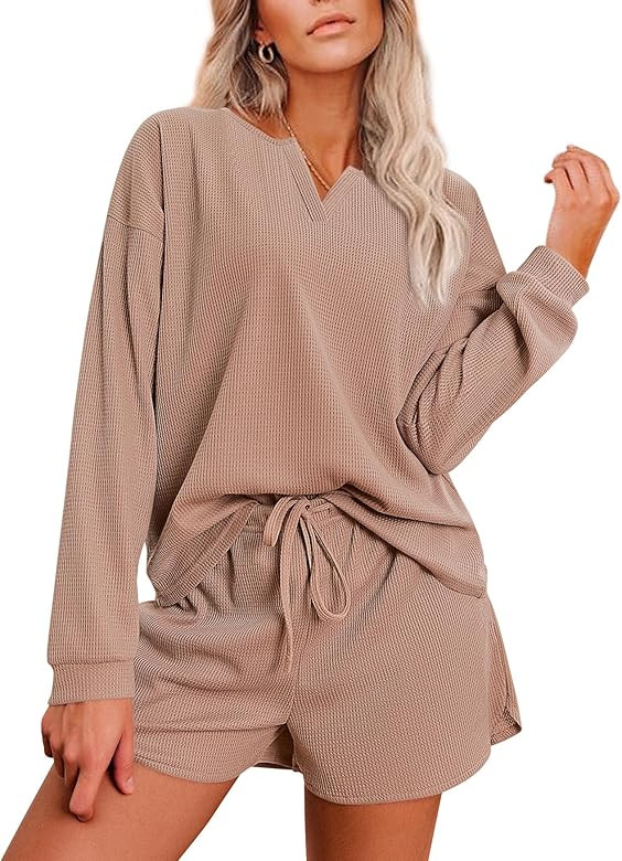 Ekouaer Womens Waffle Knit Pajamas Lounge Set Long Sleeve Top and Shorts 2 Piece Loungewear with ... | Amazon (US)
