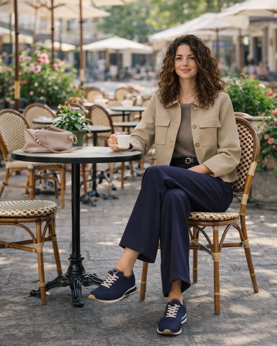 Chic and effortless spring outfit featuring a soft beige knit sweater paired with navy wide-leg trousers and navy sneakers for a polished yet comfortable look. Styled with a cropped beige jacket, taupe shoulder bag, gold hoop earrings, and a navy strap watch for a refined everyday outfit.

#springoutfit #casualchic #everydaystyle

#LTKOver40 #LTKootd #LTKSeasonal