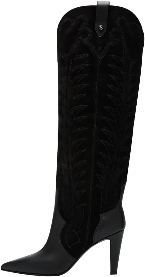 FSJ Women Pointed Toe Cowboy Boots Embroidered Chunky High Heel Knee High Boots Western Pull On Fashion Shoes Size 4-16 US | Amazon (US)