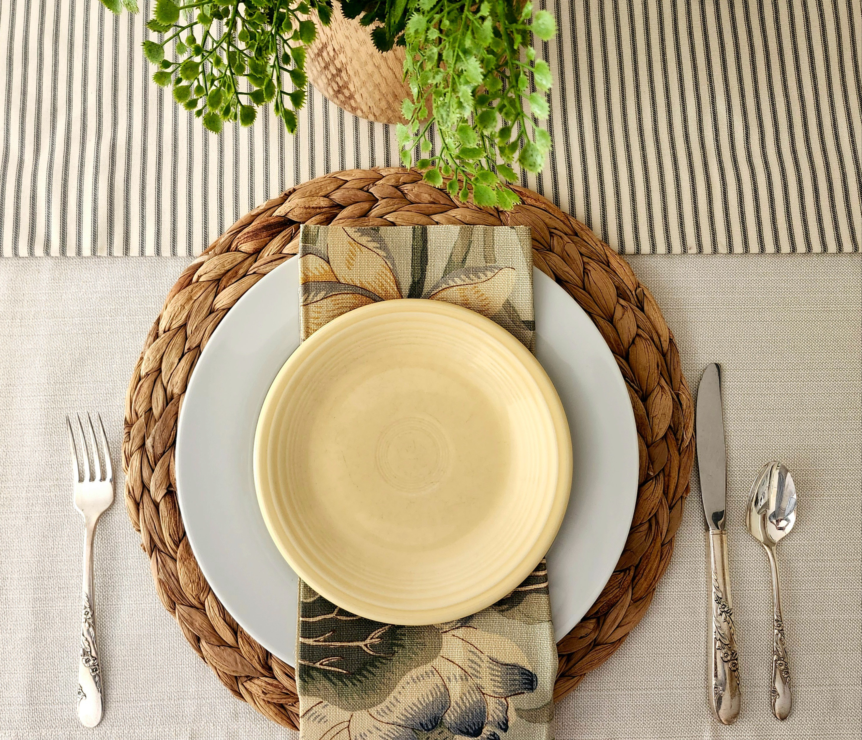 Last minute Easter dining finds to get by Sunday. Dinnerware. Tablescape. Table setting. Salad plates. Floral plates. Floral napkins. Linen tablecloth. Flatware. Floral vintage Flatware. Silverware. Woven chargers. Placemats. Table runner. Ticking stripe Table Runner. Amazon prime

#LTKSeasonal #LTKHome #LTKSaleAlert