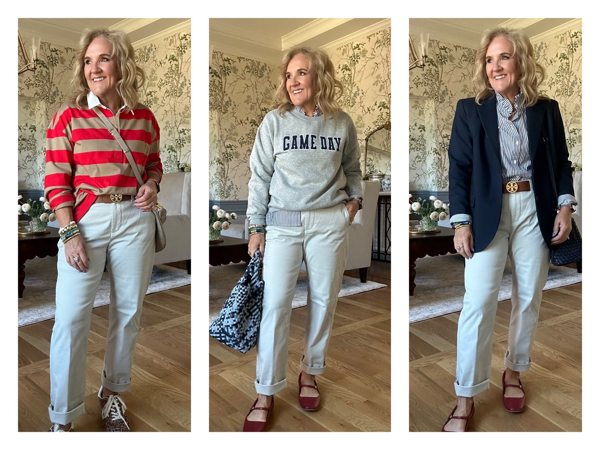 Girlfriend Chino’s size 8 for a relaxed fit
Game day sweatshirt, size medium 
Striped rugby shirt, I sized up to a large for oversized fit 
Ann Taylor navy blazer size 10 petite 
Striped ruffled collar, blouse, size medium 
J crew factory, fall outfits, teacher style casual outfit preppy style East Coast style

#LTKSaleAlert #LTKOver40 #LTKFindsUnder100