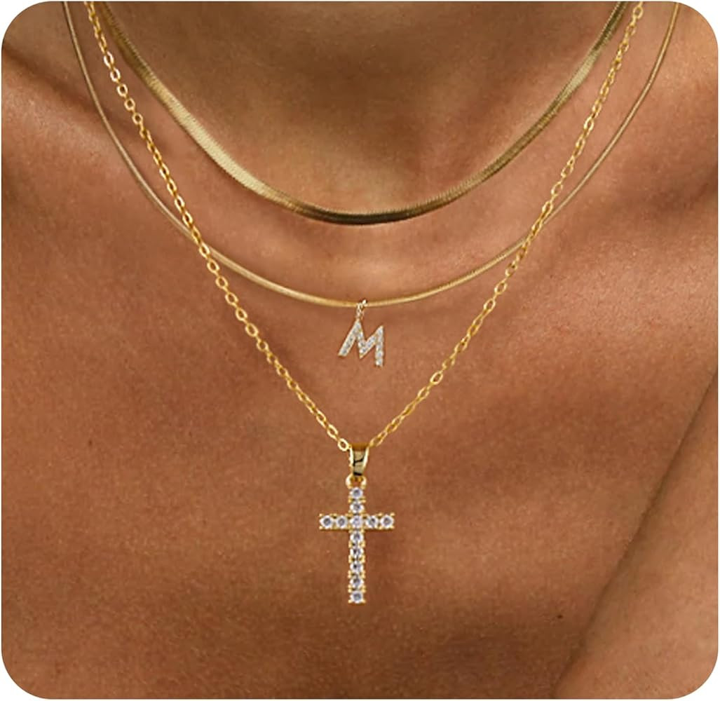 BERISO Gold Layered Initial Cross Necklace, 14K Gold Plated Diamond Initial Cross Pendant Necklac... | Amazon (US)