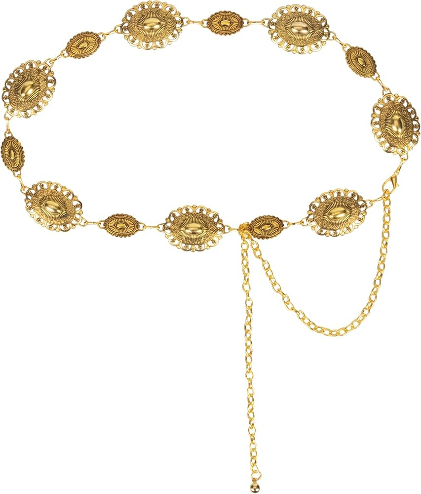 Western-Concho-Belt-Women Cowgirl-Metal-Belts Boho Silver Vintage Turquoise Chain Belt for Dress ... | Amazon (US)