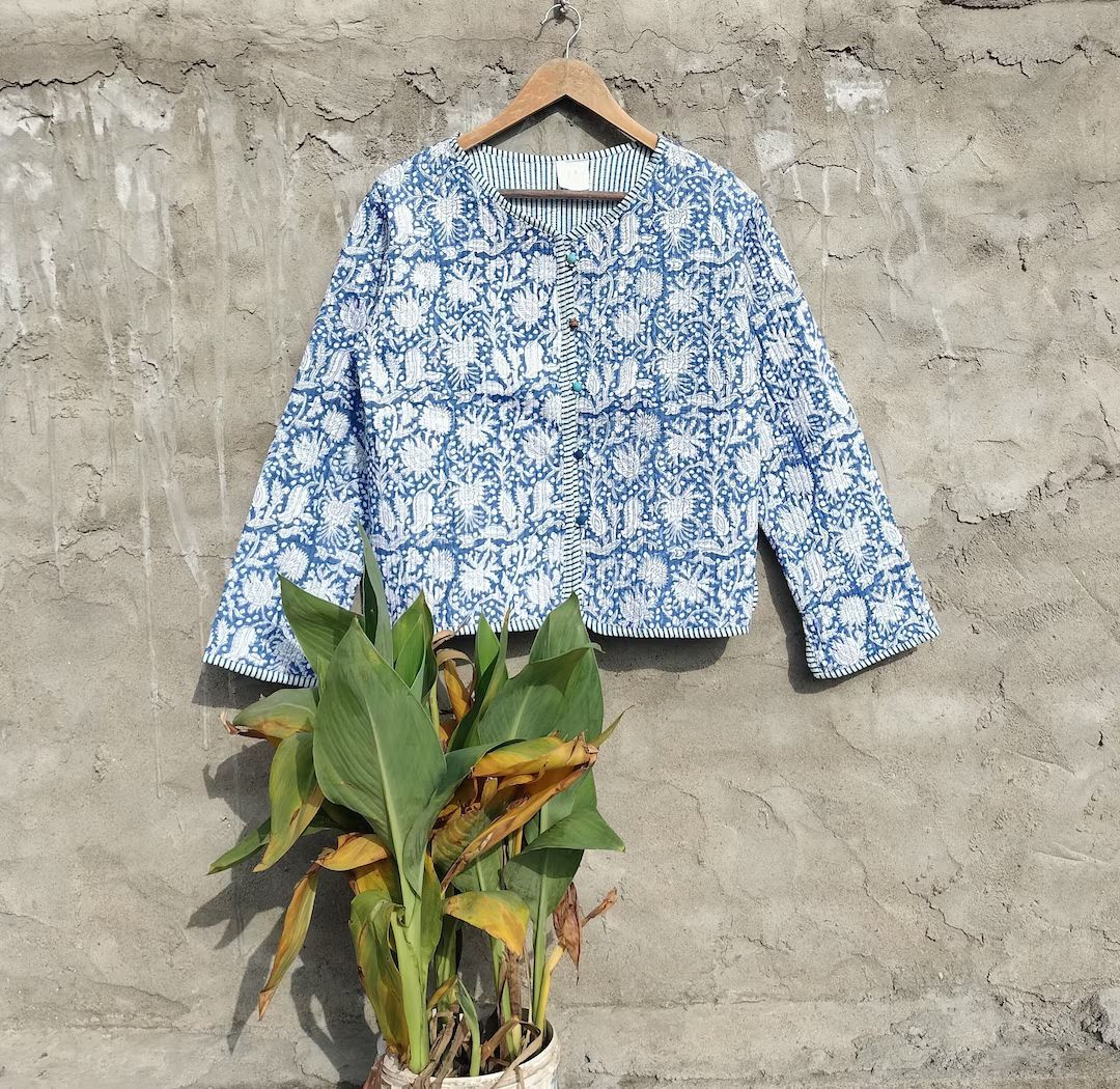 Indian Handmade Vintage Quilted Jacket , Coats ,New Style, Boho, Cotton Jacket Short Blue Leaf Bl... | Etsy (US)
