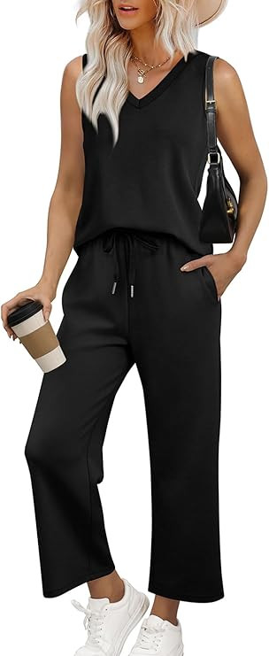 WIHOLL Two Piece Set for Women Summer Outfits Vacation Trendy Lounge Sets V Neck Matching Sets | Amazon (US)