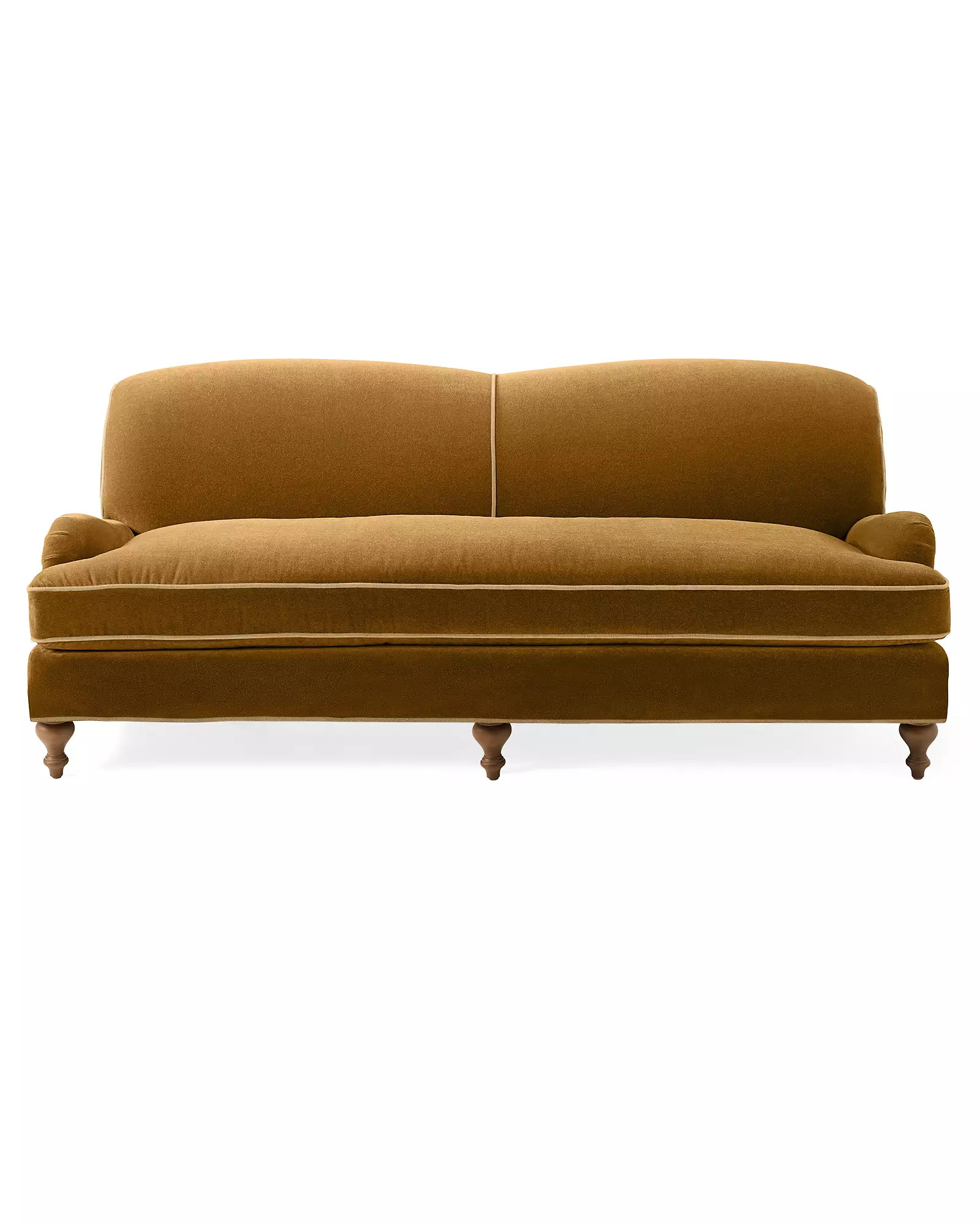 Miramar English Roll Arm Sofa with Bench Seat - Velvet Mohair Lark with Washed Linen Wheat Pipe | Serena and Lily
