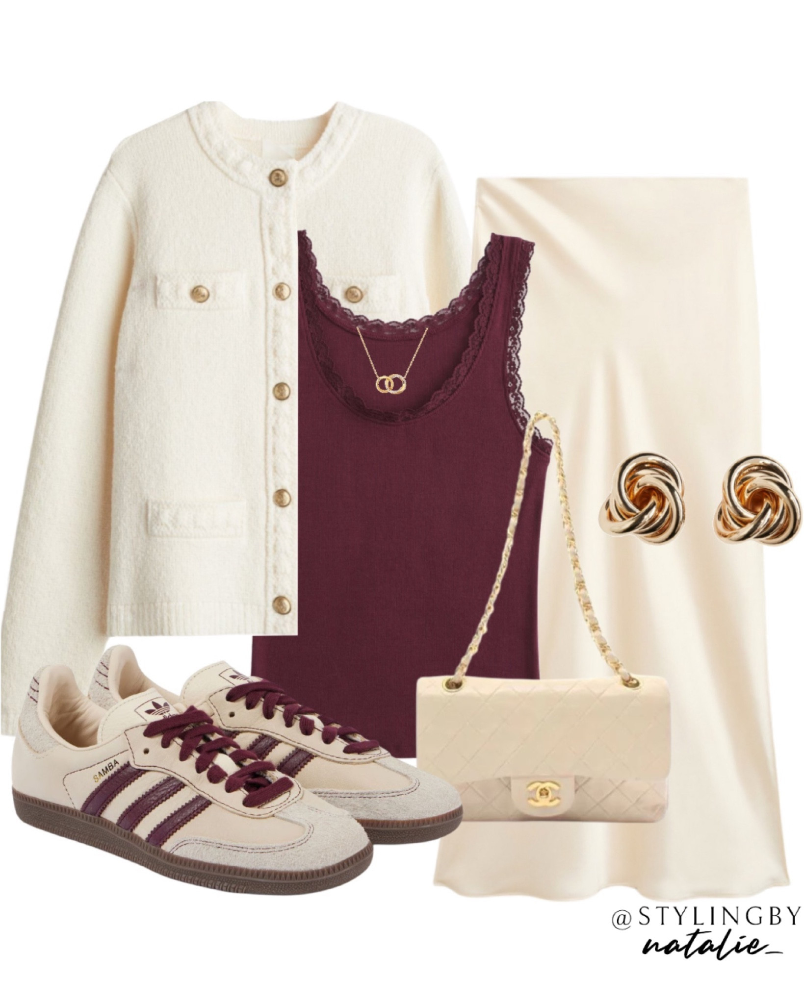 Textured knit cardigan with gold buttons, burgundy lace trim cami top, long satin skirt, adidas samba trainers, Chanel handbag, knot earrings & gold necklace. 
Autumn outfit, fall fashion, casual chic, sneakers, autumn trends, work wear.

#LTKeurope #LTKworkwear #LTKautumn