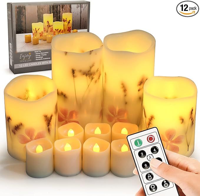 TOFU Flickering Flameless Candles, Real Wax Battery Operated Candles Pack of 12, Embedded Dried F... | Amazon (US)
