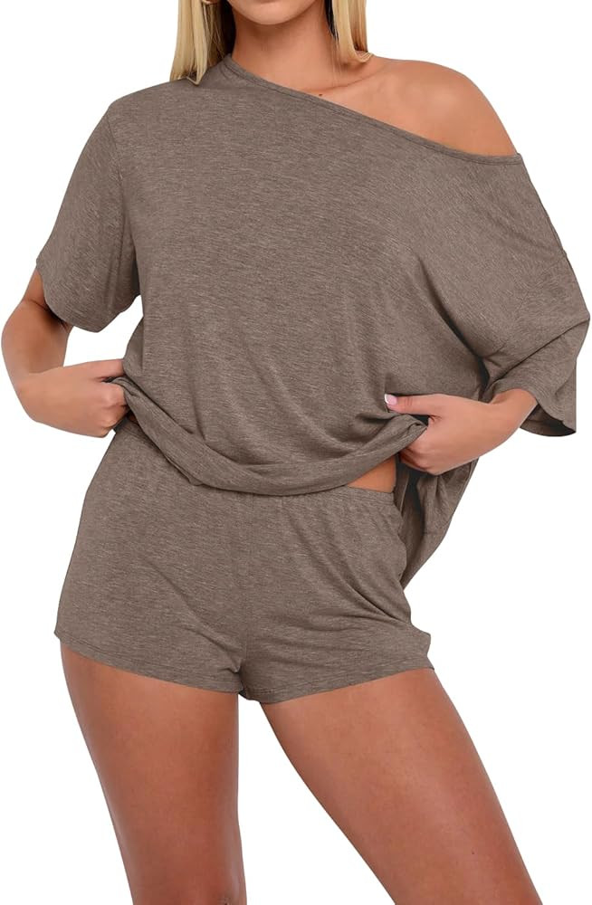 Lacozy Womens Pajama Sets 2 Piece Lounge Sleep Shirts Off Shoulder Tops Shorts Sexy Sleepwear Lou... | Amazon (US)