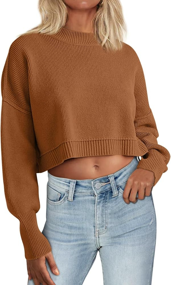 LILLUSORY Women's Crewneck Cropped Sweaters 2023 Fall Batwing Long Sleeve Cable Knit Side Slit Ov... | Amazon (US)