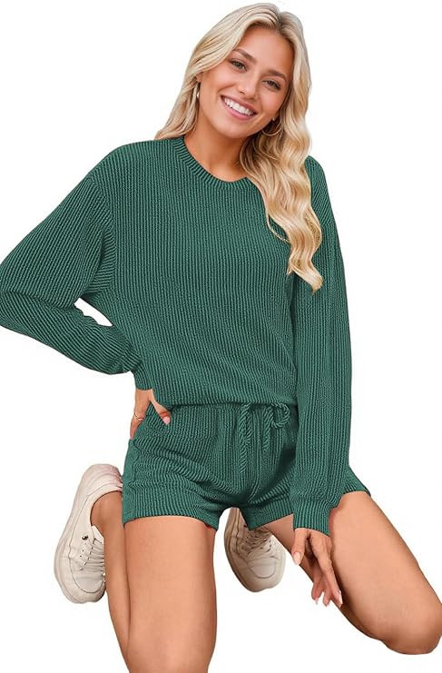 Womens Ribbed Pajama Sets Long Sleeve Top and Shorts Matching Lounge Set Loungewear Sweatsuit wit... | Amazon (US)