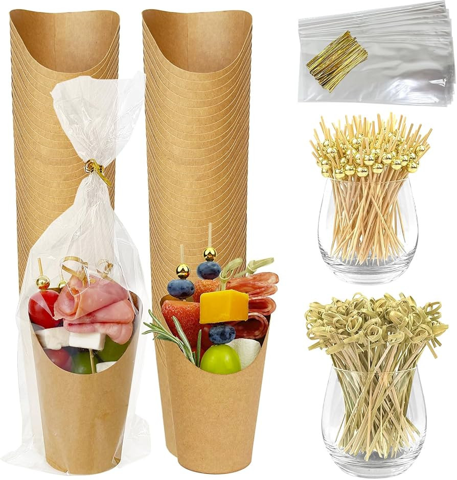 CAMKYDE 50 Sets Disposable Charcuterie Cups with Sticks and Bags, 12 oz Brown Kraft Paper Snack A... | Amazon (US)