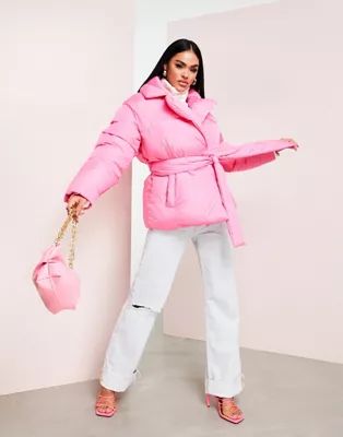 ASOS LUXE wrap puffer coat in hot pink | ASOS | ASOS (Global)
