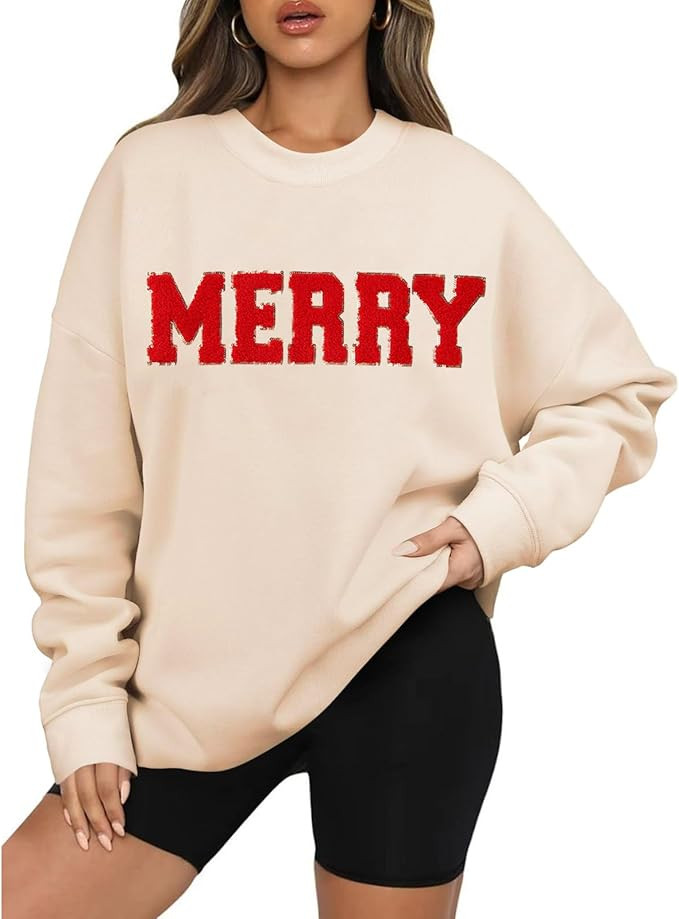 BOUTIKOME Merry Christmas Sweatshirts for Women Glitter Patch Merry Letter Shirts Chenille Patch ... | Amazon (US)
