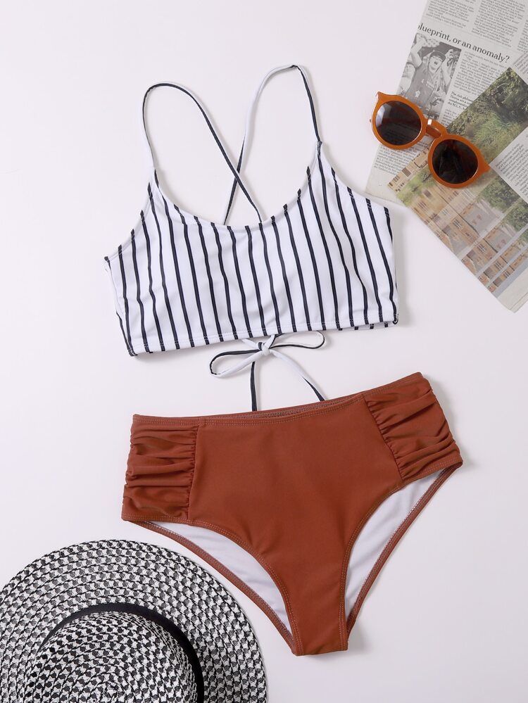 Striped Ruched Bikini Swimsuit | SHEIN