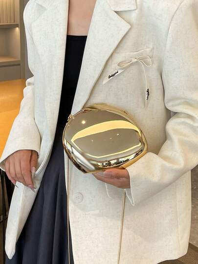 Golden Acrylic Dumplings Shape Clutch Bag, Glossy Shell Design, With Strap, Shoulder Or Crossbody Bag For Women , Gold Bag | SHEIN