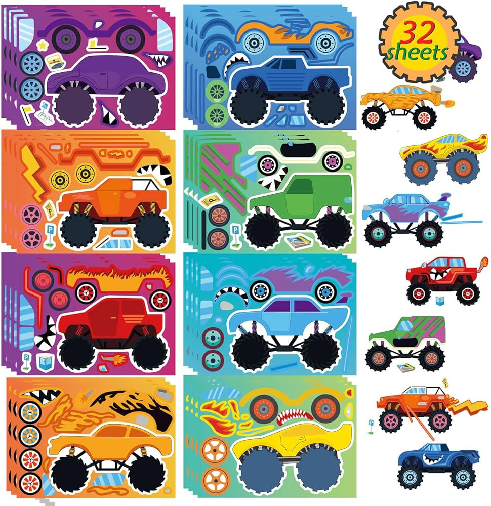 32 Pieces Make-a-face Stickers Pack, Mixed & Matched with 8 Designed Monster Truck(4 of Each) Sti... | Amazon (US)