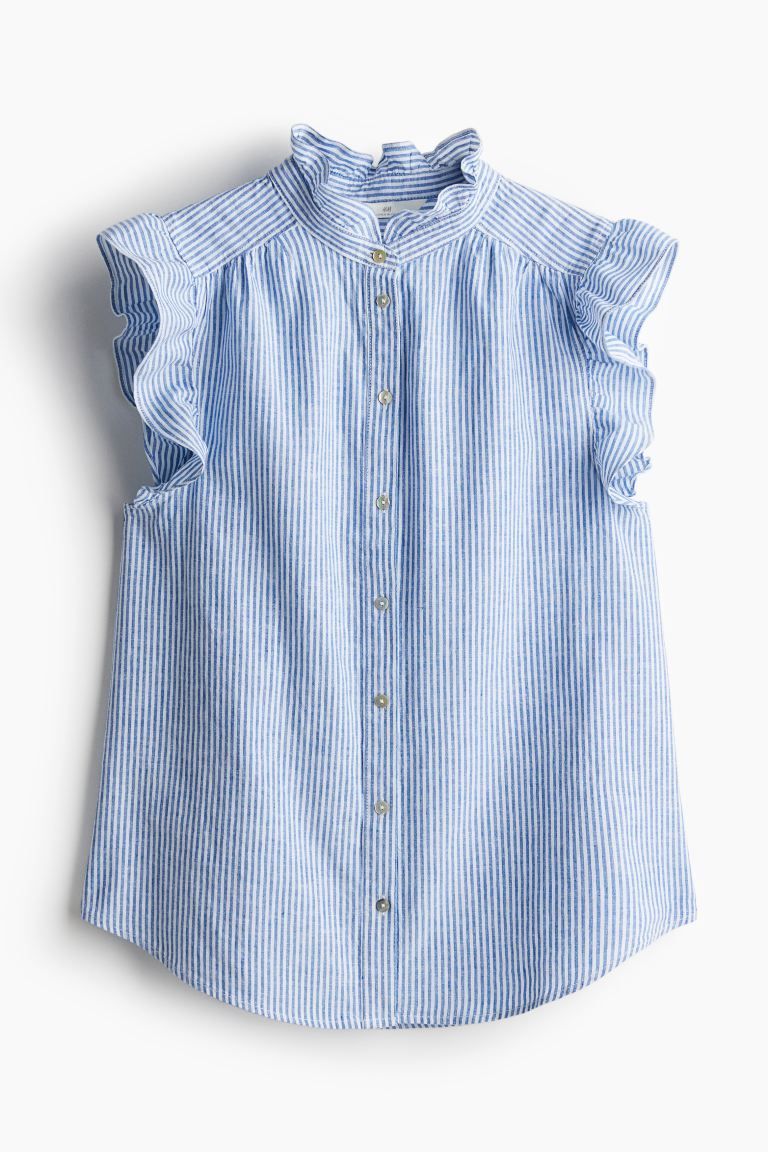 Linen-blend Blouse - Round Neck - Short sleeve - Blue/striped - Ladies | H&M US | H&M (US + CA)