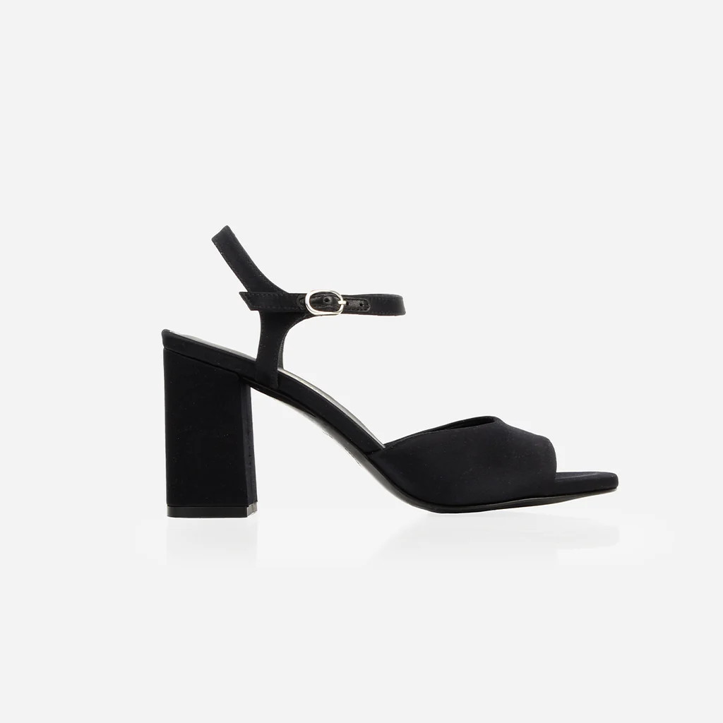 The Monica Heeled Sandal Black Satin | Poppy Barley