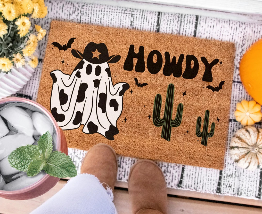 Howdy Halloween Doormat, Cowboy Ghost Doormat, Cow Halloween Welcome Mat, Fall Autumn Decor, Spoo... | Etsy (US)