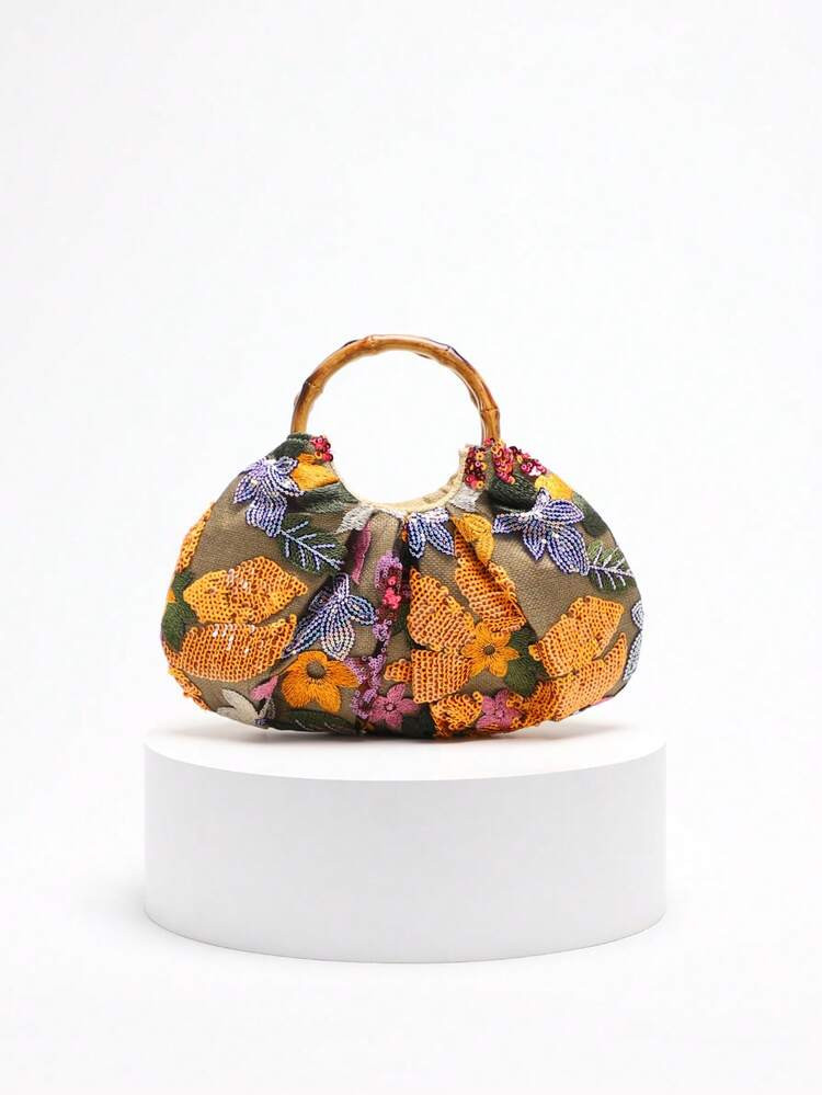 1 Pièce Sac À Main En Lin Avec Un Motif Floral Mode Brodé, Motif Nuage Et Patchwork De Paillettes, Design Plissé, Un Petit Sac Fourre-Tout Unique Pour Femmes, Convient Pour La Plage, L'été Et Les Vacances (Motif Floral Envoyé Aléatoirement) | SHEIN