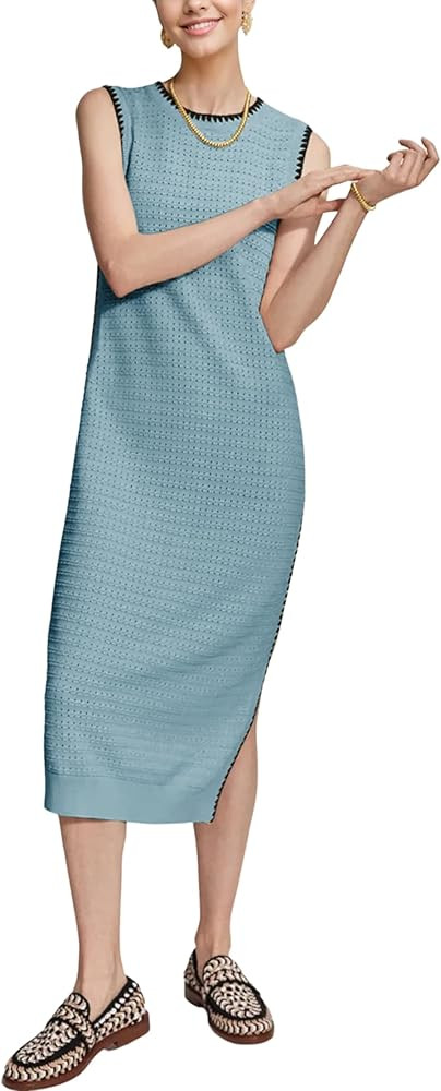 Watashi Women's Tank Knit Dress Sleeveless Round Neck Long Dress Side Split Scalloped Edge Summer... | Amazon (US)
