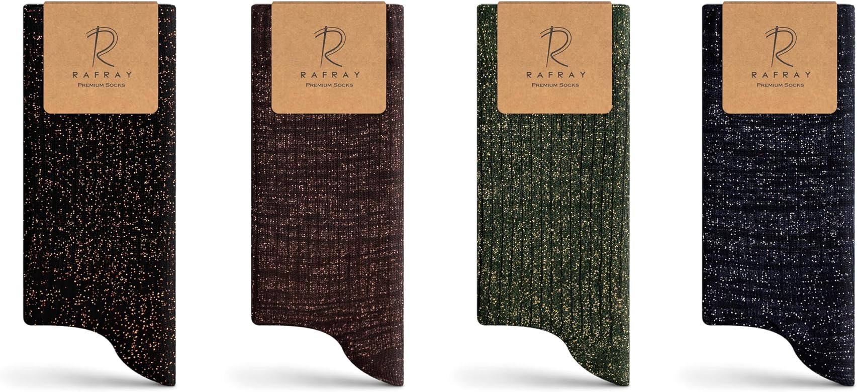 RAFRAY Socken - Glitzer Socken Damen - Geschenkbox - Crew-Länge Socks - Premium Baumwolle - 4 Pa... | Amazon (DE)