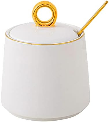 Ceramics Sugar Bowl Saltbox with Lid and Spoon Condiment Pots Seasoning Box 8oz, Gold White | Amazon (US)
