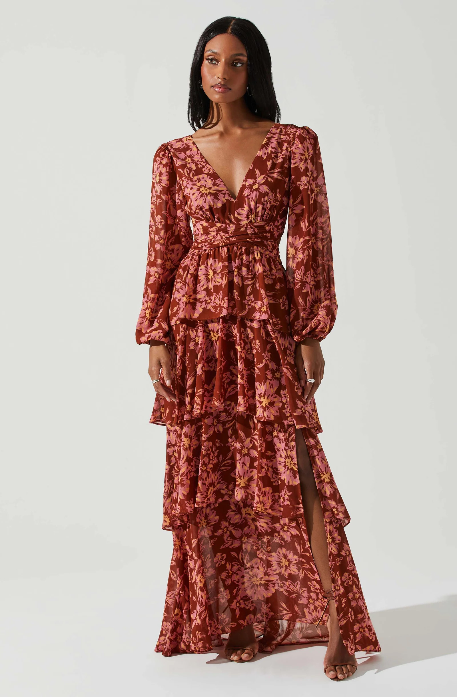 Anora Floral Tiered Maxi Dress - Rust floral / XS | ASTR The Label (US)